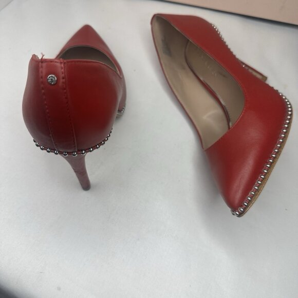 BCBG Generation Leather Stilletto Red Studded Shoes Almond toe heels Pumps - Picture 10 of 13